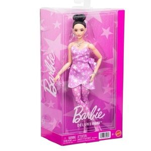Barbie Deluxe Style Doll #11 in Pink Denim Star-Print Dress, Black Hair in Bun